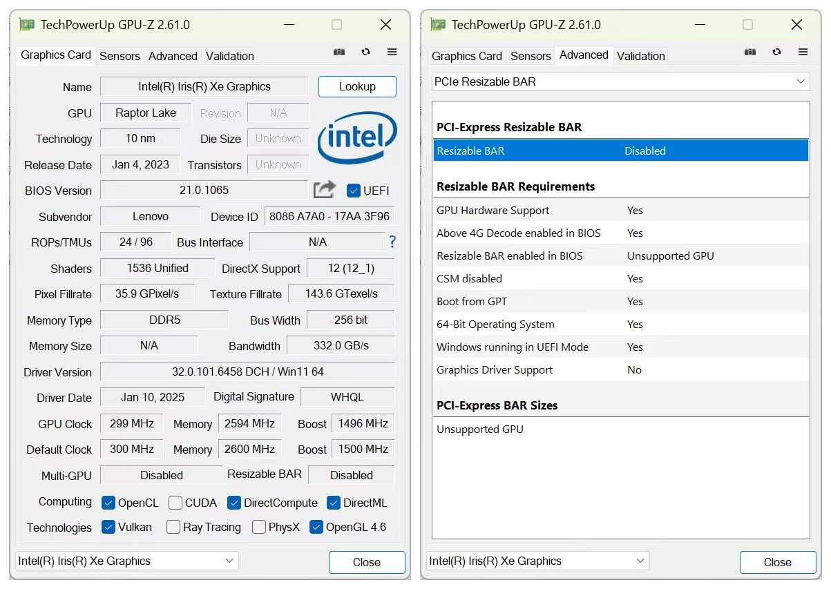 Intel 核显设备 GPU-Z 展示主板状况