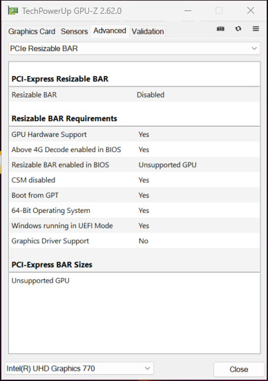 默认的 Resizable BAR 支持情况