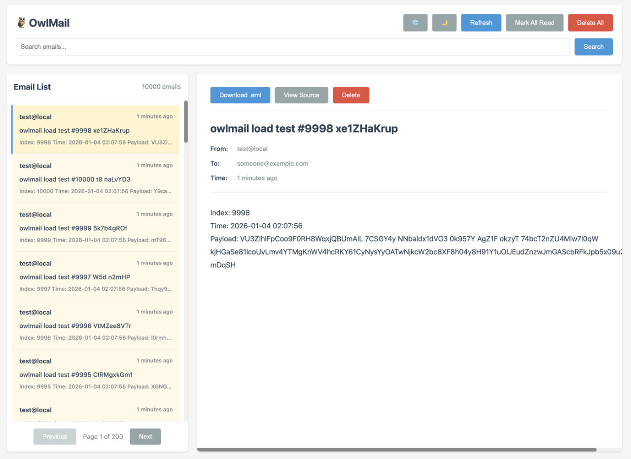 对 OwlMail 进行 1万封邮件基础测试